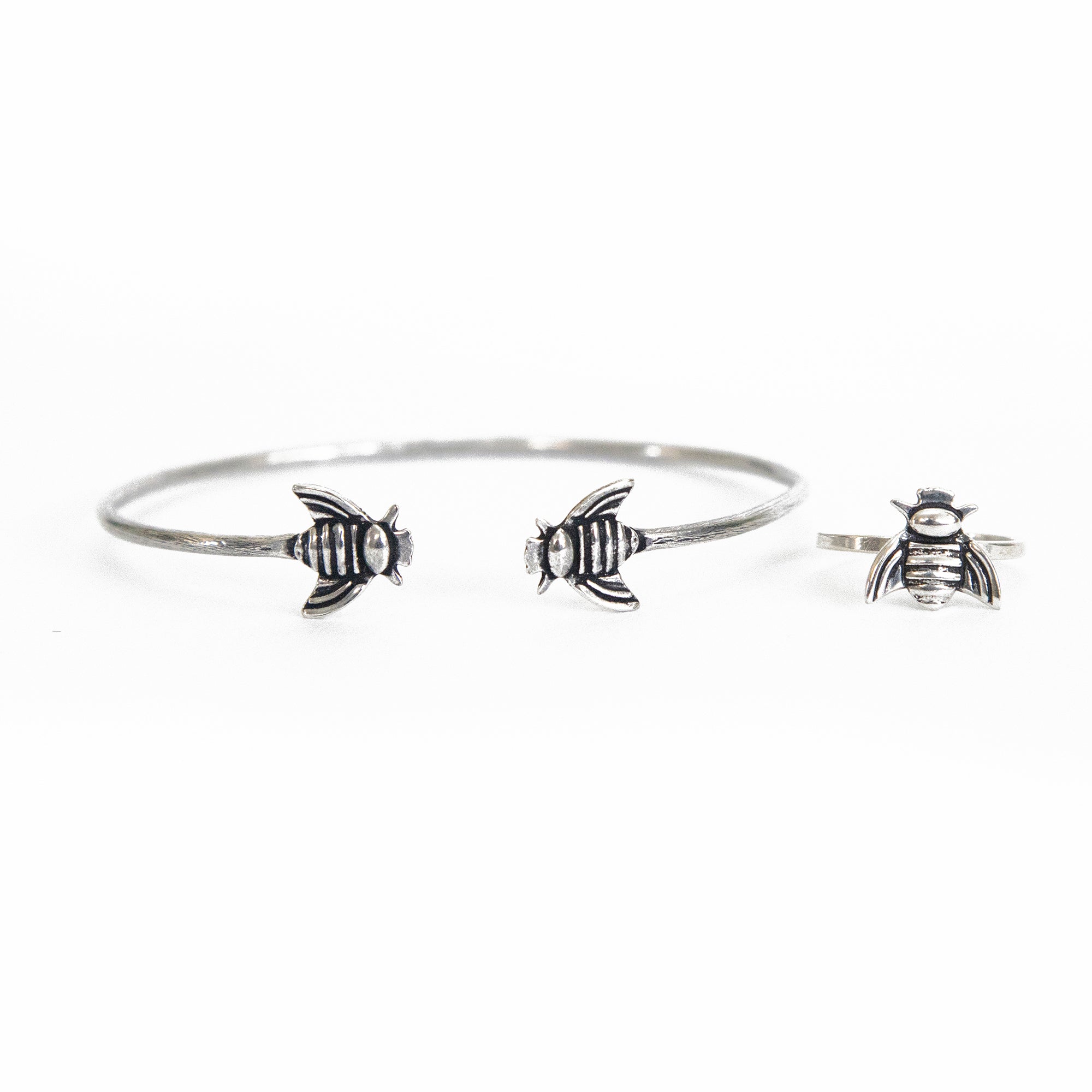 Bumble Bee Jewelry Silver Cuff Bee Bracelet and Silver Bee Stud Earrings