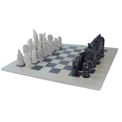 Soapstone Hand-Carved Chess Set - African Maasai Tribe Pieces - Grey/Natural Stone
