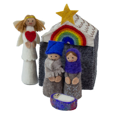 Rainbow Hand-stitched Felt Nativity Set,12 Piece Set with Storage Barn