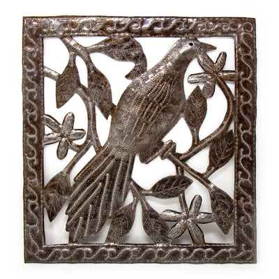 Single Bird Ringed Haitian Metal Drum Square Wall Art (11" x 12")