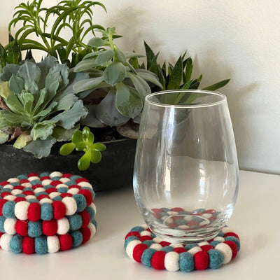 Kai Red & Blue Felt Ball Coasters, Set of 4