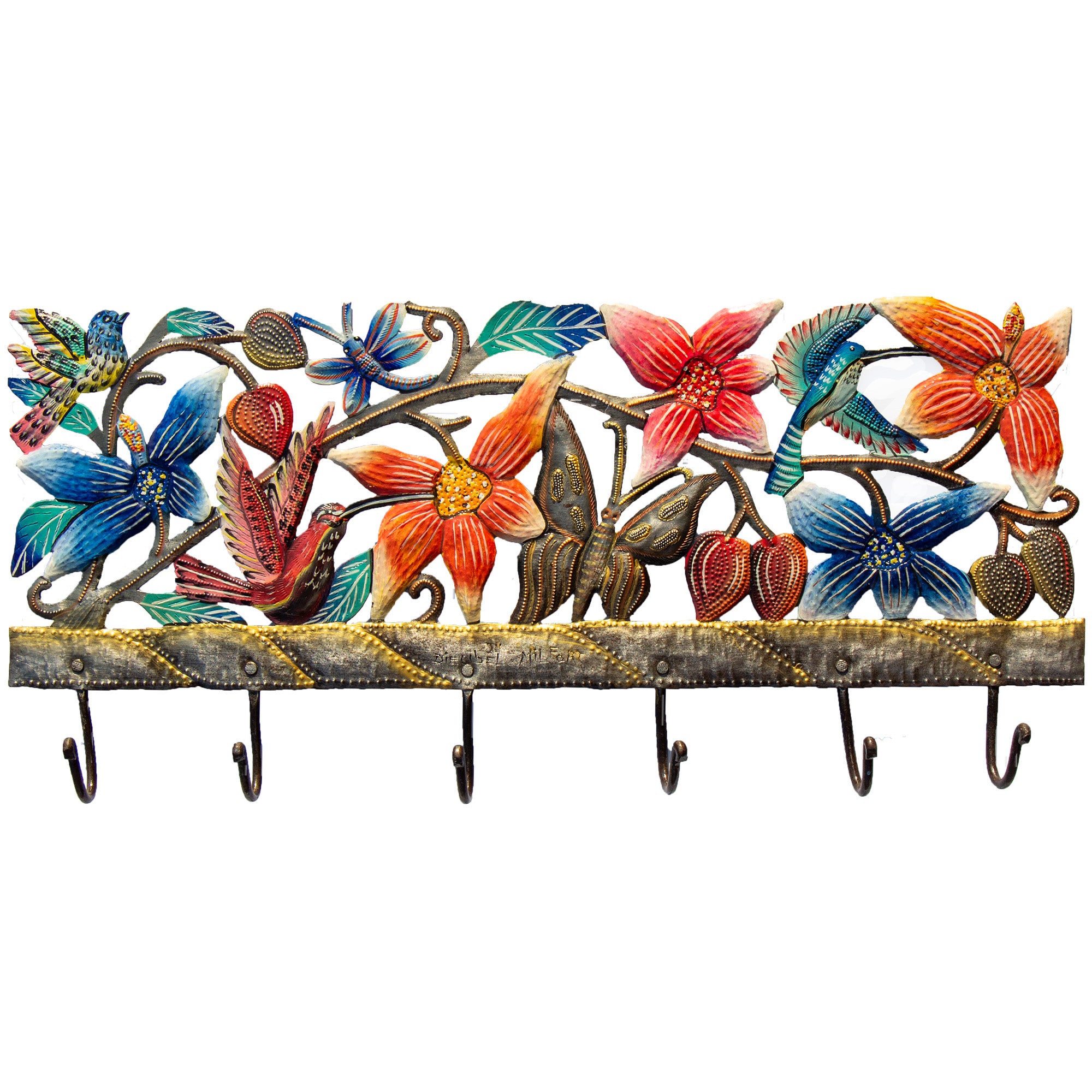 Flower And Butterfly Hook Haitian Steel Drum Wall Art, 22.5 inches