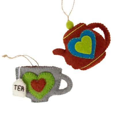 Tea Pot & Tea Cup Ornament Set, Rust