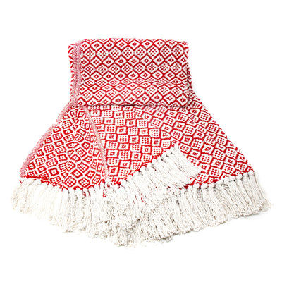 Recycled Cotton Decorative Throw Blanket with Tassels, Red & White
