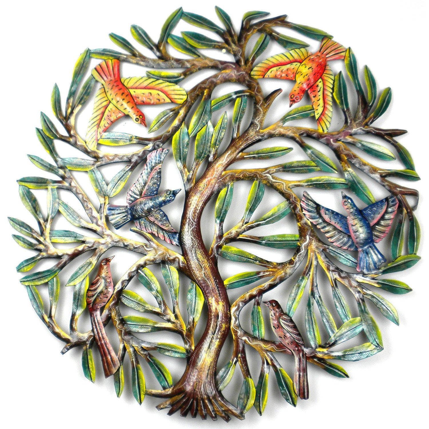 Tree of Life with Flock of Birds Haitian Metal Drum Wall Art, 24"