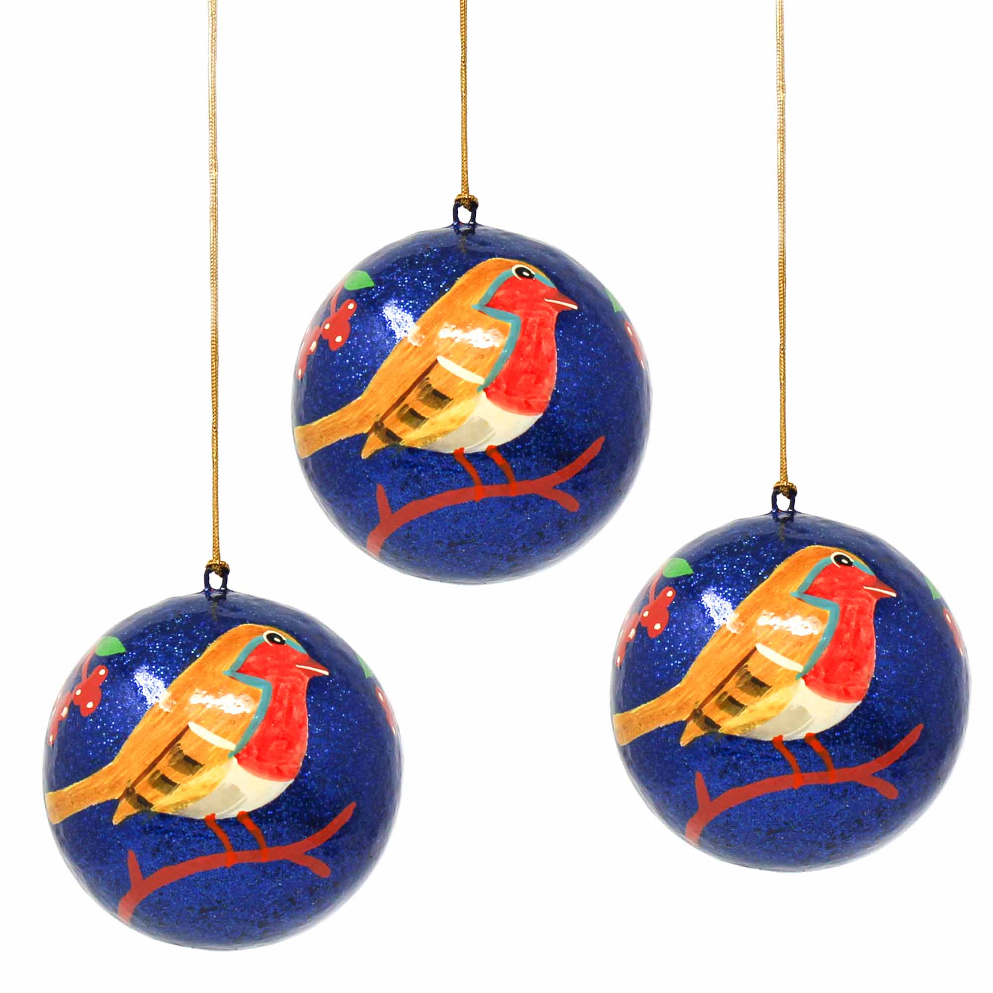 Handpainted Ornament Bird on Branch - Pack of 3