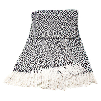 Recycled Cotton Decorative Throw Blanket with Tassels, Black & White