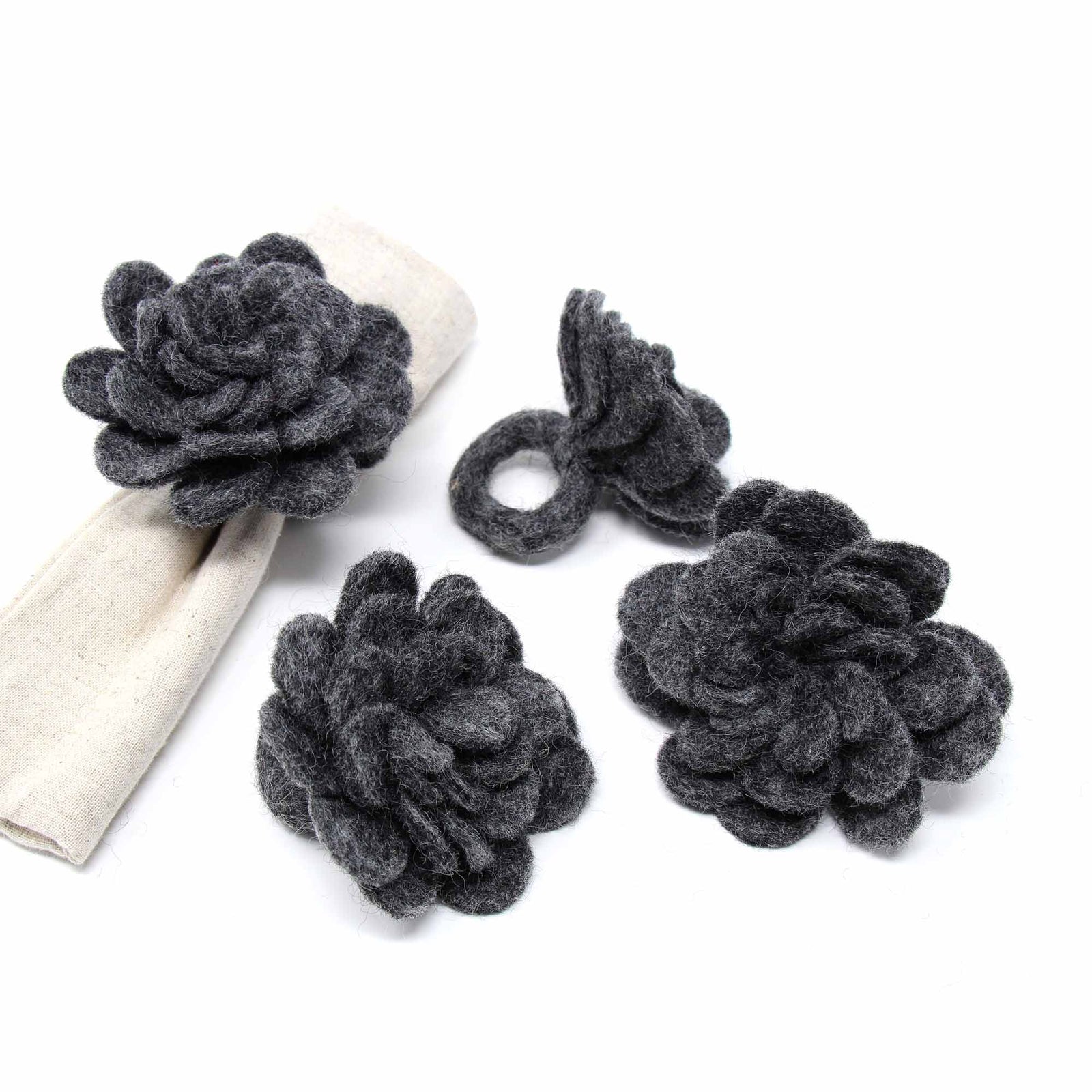 Charcoal Zinnias Felt Napkin Rings, Set of 4