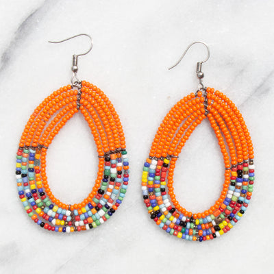 PACK OF 5 -Maasai Bead Orange and Multicolor Teardrop Earrings