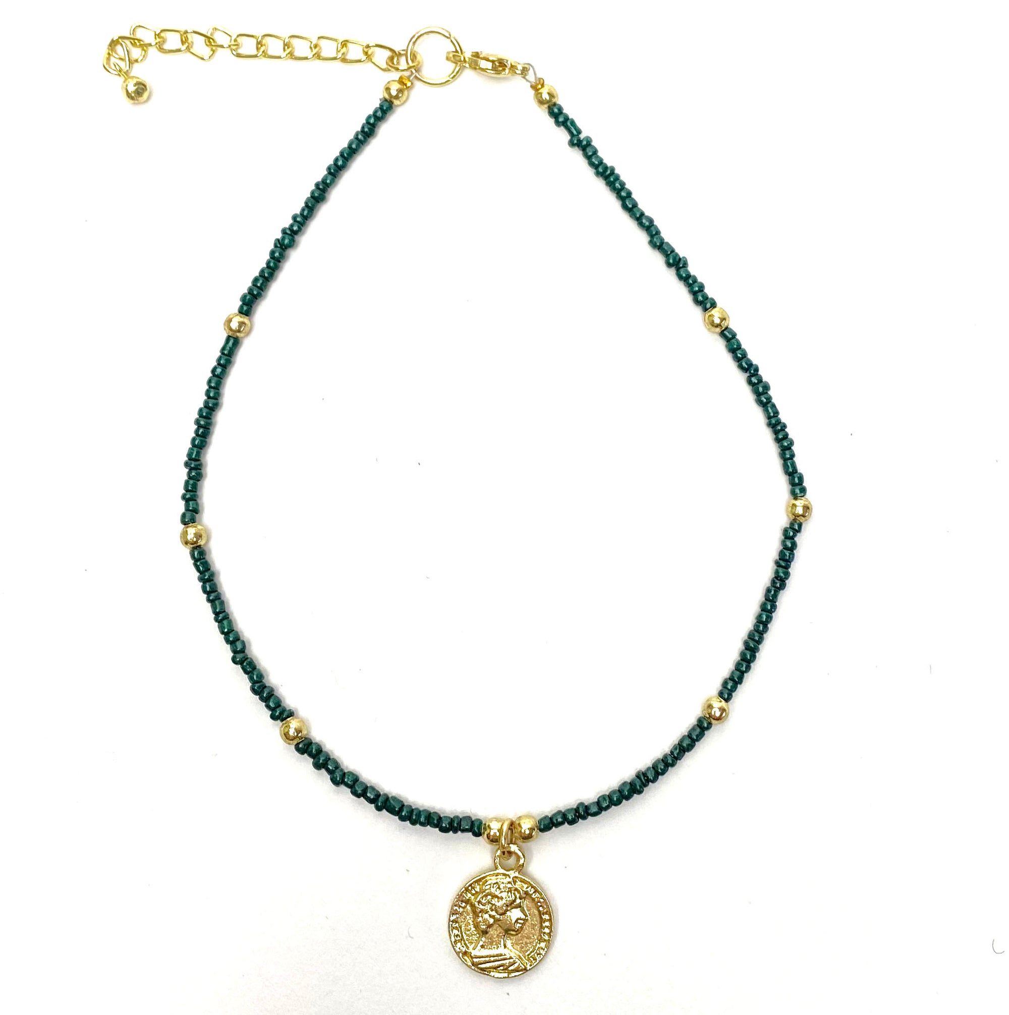 Dark Green Glass Bead Choker with Golden Coin Pendant- Pack of 3