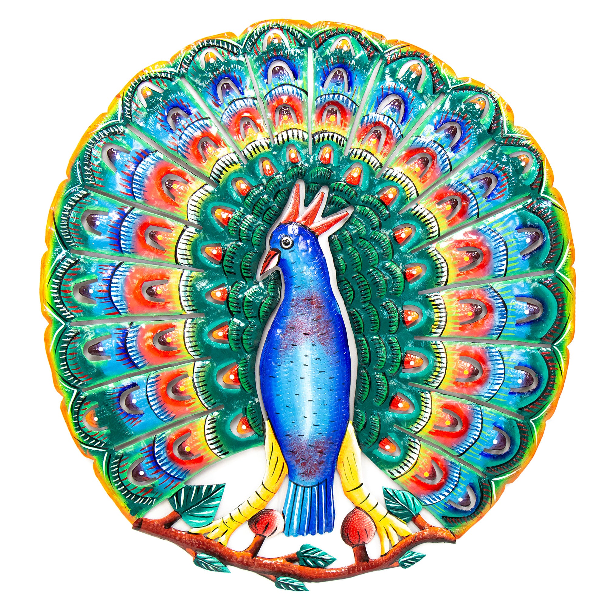 Vibrant Blue Peacock Haitian Metal Drum Wall Art