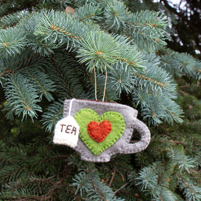 Tea Cup Felt Ornament, Green Heart