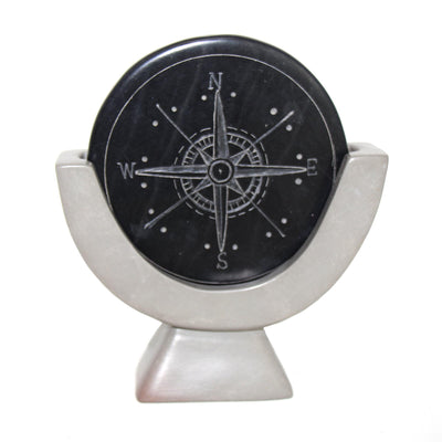 Soapstone Compass Sculpture - Dark Gray Stone