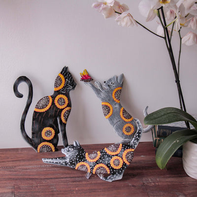 Playful Kitten Painted with Sunflowers Haitian Steel Drum Wall Art - Sitting, 13 inches