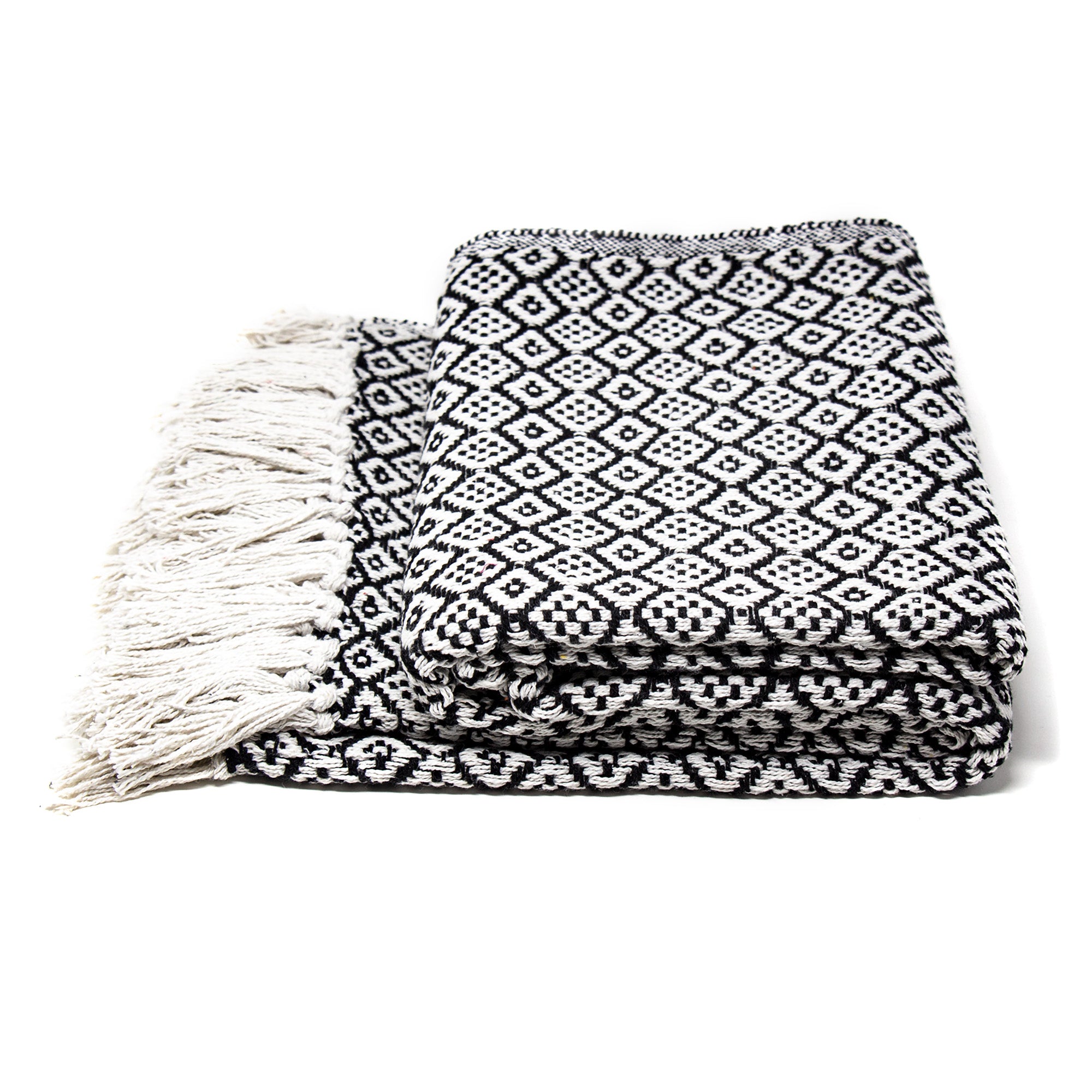 Recycled Cotton Decorative Throw Blanket with Tassels, Black & White