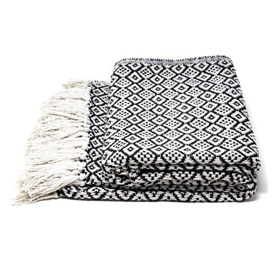 Recycled Cotton Decorative Throw Blanket with Tassels, Black & White