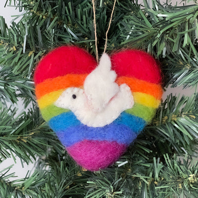 Rainbow Heart Dove Handmade Felt Ornament