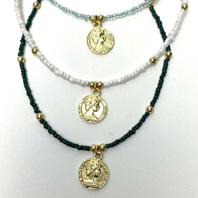 Dark Green Glass Bead Choker with Golden Coin Pendant- Pack of 3