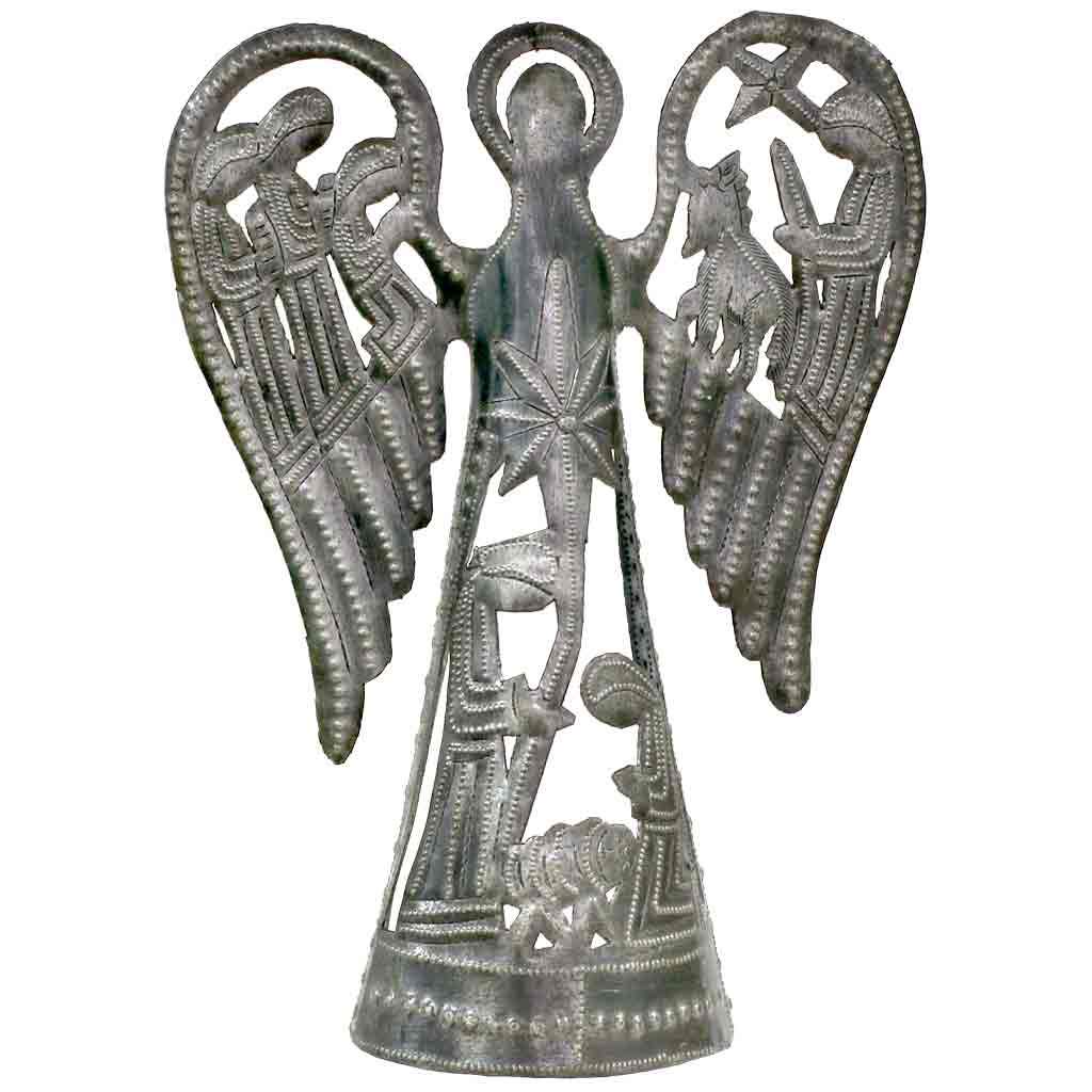 Nativity with Angel Haitian Metal Drum Sculpture - Tree Topper, 12" Tall