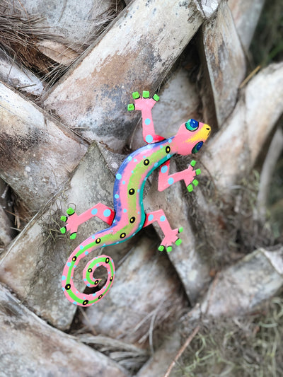 Colorful Gecko Haitian Steel Drum Wall Art, 13 inch Polka Dots