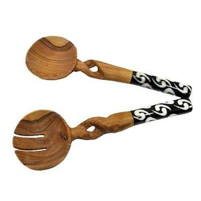 Olive Wood Serving Set, Braided Batik Handles