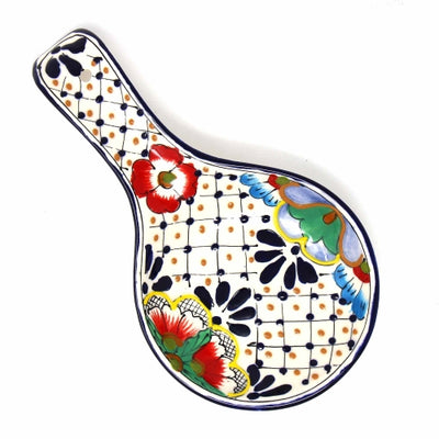 Encantada Handmade Pottery Spoon Rest, Dots & Flowers