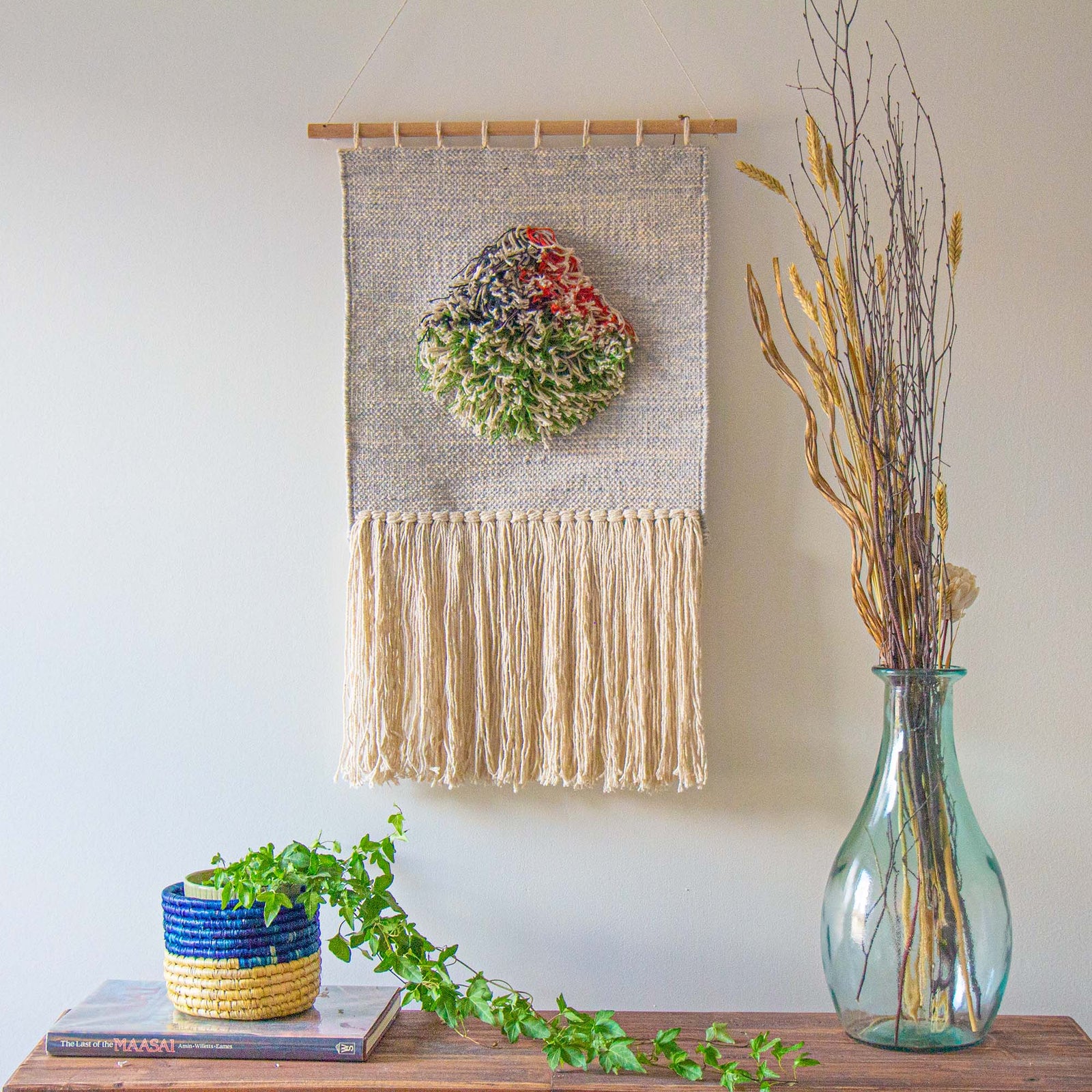 Handwoven Boho Wall Hanging, Blue Grey with Fringe