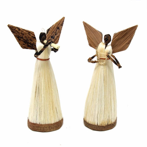 Set of 2 - Standing Sisal Angel Ornaments: Music Instruments (5-inch)