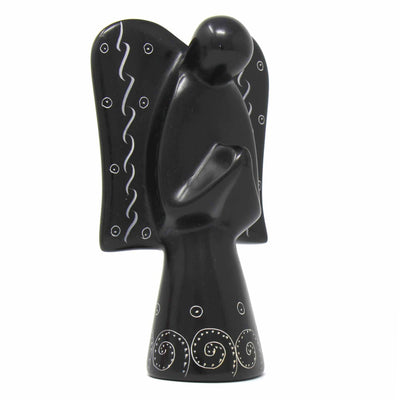 Soapstone Angel Sculpture - Black with Etch Design