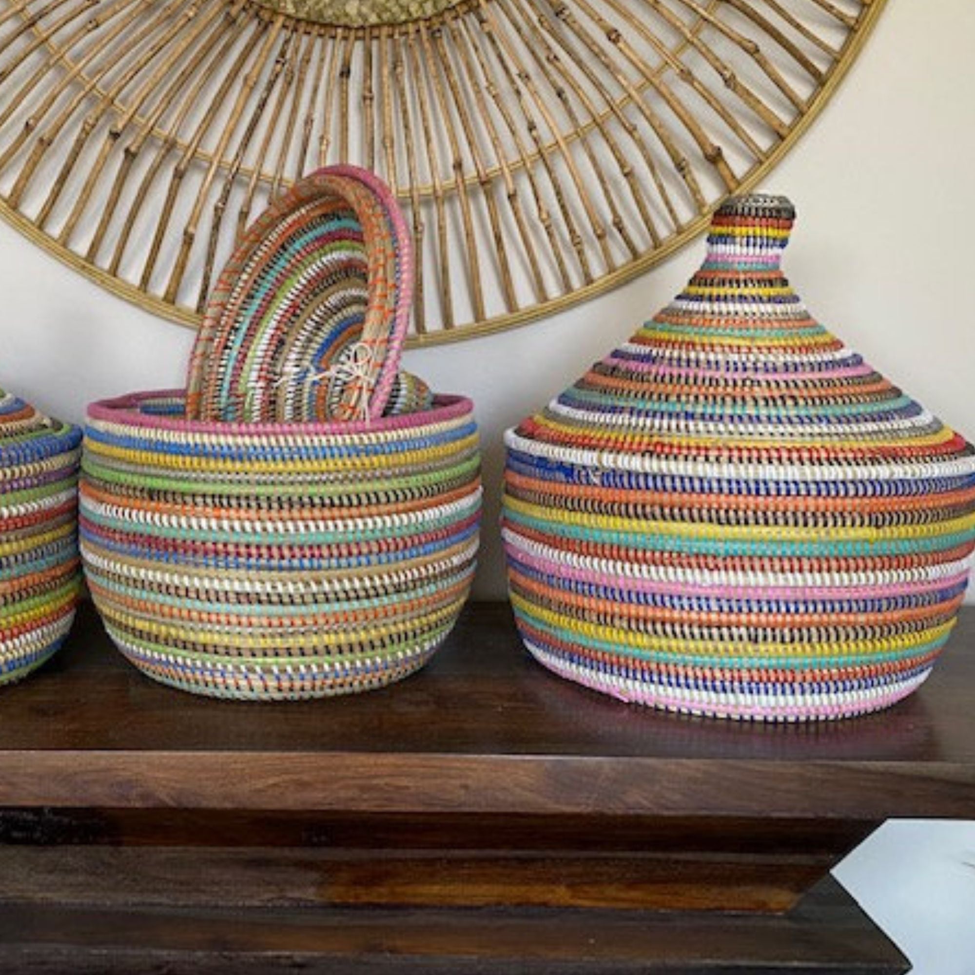 Small Sweet Grass Lidded Basket with Recycled Woven Accent - Mixed Colors