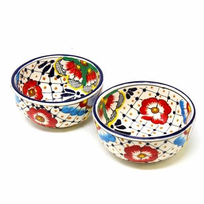 Encantada Handmade Pottery 5.5-inch, Set of 2 Bowls, Dots & Flowers