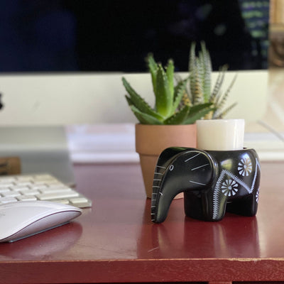 Soapstone Elephant Tea Light - Black Finish with Etch Design