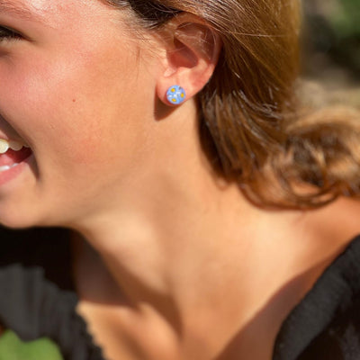 Round Glass Stud Earrings, Blue and Yellow Flowers - Pack of 3