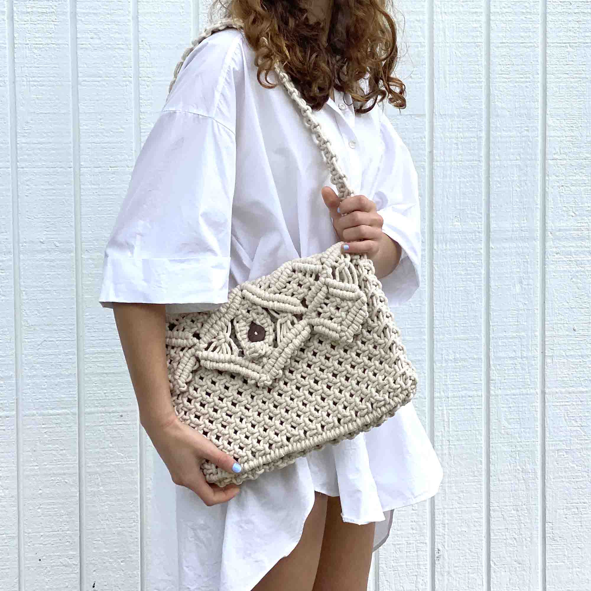 Macramé Shoulder Crossbody Bag, Cream with Button