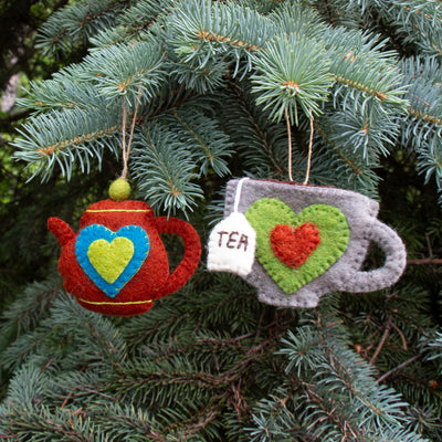 Tea Pot & Tea Cup Ornament Set, Rust