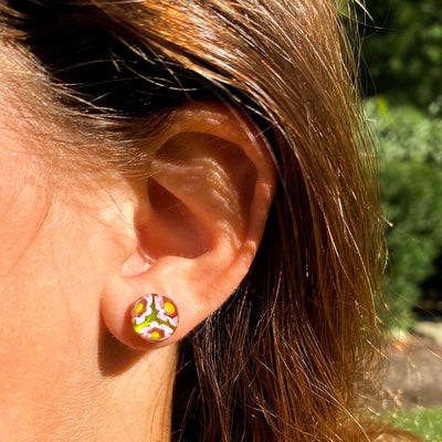 Round Glass Stud Earrings, Pink and Yellow Flowers - Pack of 3