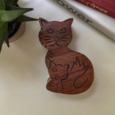 Sheesham Wood Carved Mama and Kitten Puzzle Box