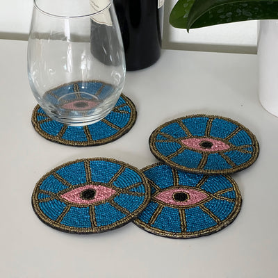 Blue Evil Eye Beaded Coasters, Set of 4