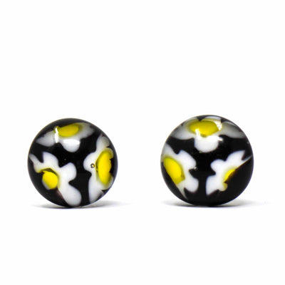 Round Glass Stud Earrings, Black/White and Yellow Flowers - Pack of 3