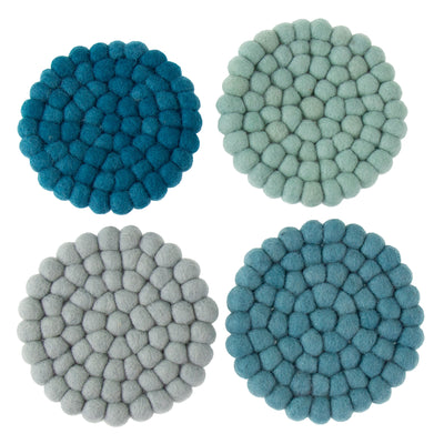 Teal Tonal Felt Ball Coasters, Set of 4