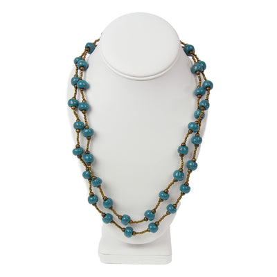 Haiti Clay Bead Long Necklace, Blue