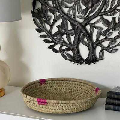 Hand-woven Palm Tray Basket with Pink Detail