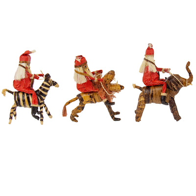 Set of Three Banana Fiber Santa Riding on Safari Animals- Lion, Zebra, Elephant