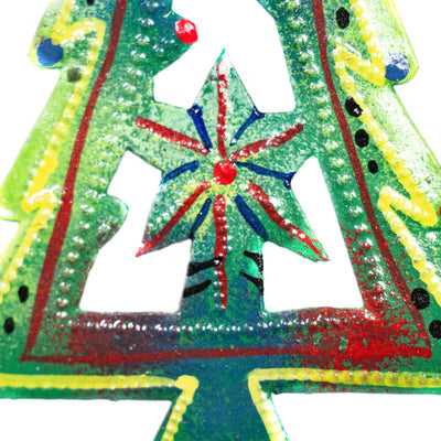 Tree with Cut-out Stars Haitian Metal Drum Christmas Ornament (5" x 3")