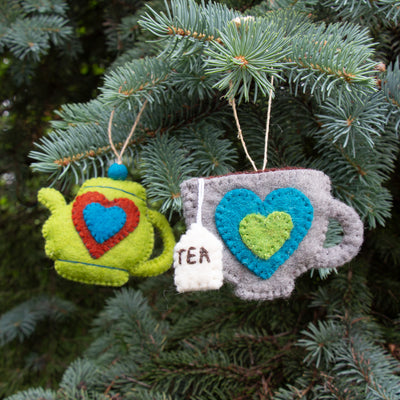 Tea Pot & Tea Cup Ornament Set, Avocado Green