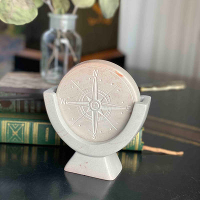 Soapstone Compass Sculpture - Light Gray Stone