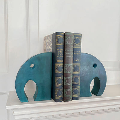 Carved Gorara Soapstone Elephant Book Ends - Teal