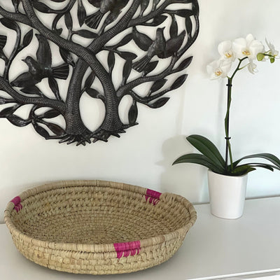 Hand-woven Palm Tray Basket with Pink Detail