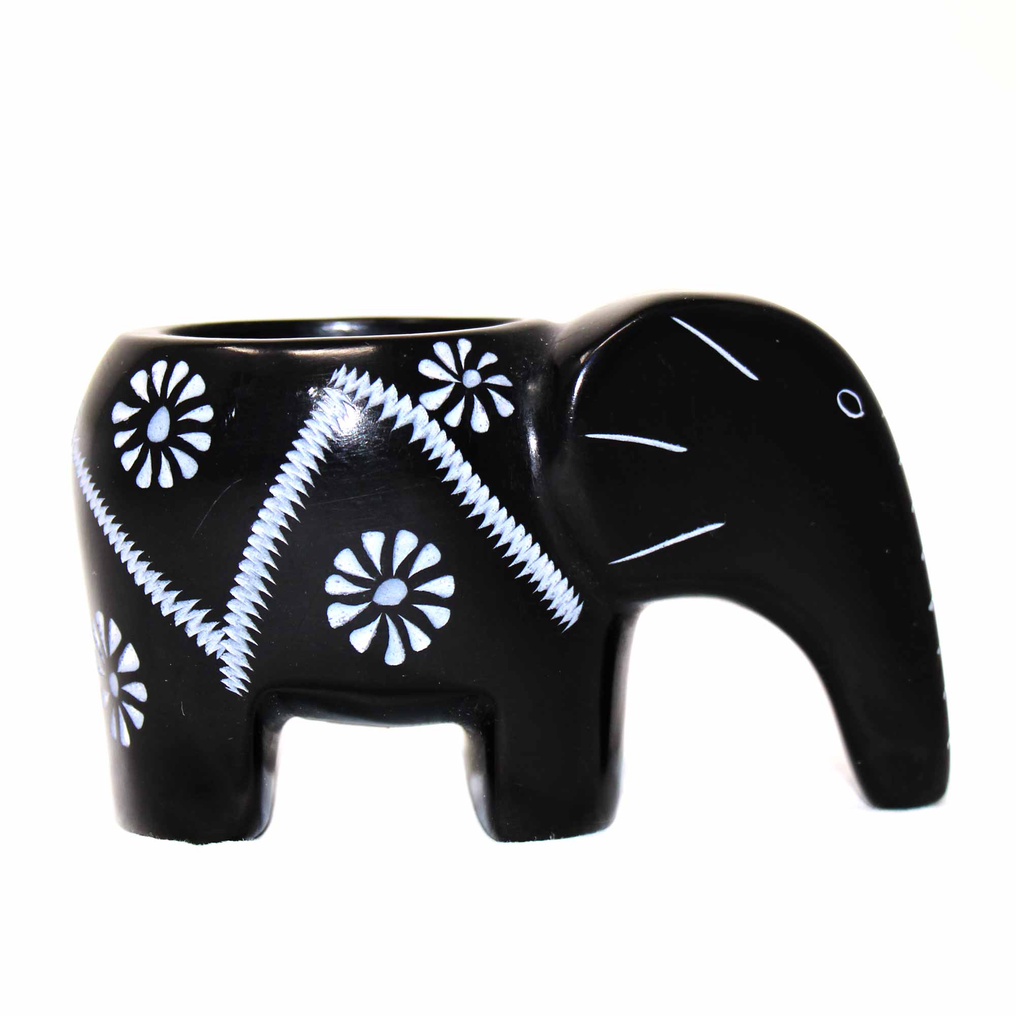 Soapstone Elephant Tea Light - Black Finish with Etch Design