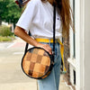 Recycled Plaid Jean Patch Round Shoulder Bag with Blue Hues